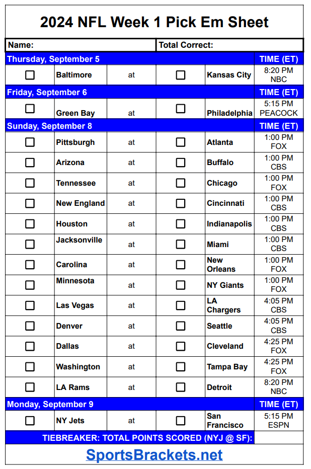 2024 NFL Pick Em Sheet Week 1; Printable, PDF Format Soccer News